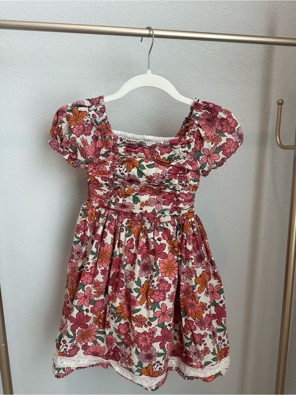 Boho Joie Cotton girls size 7 Pink Multi Floral Smocked Puff Sleeve Dress
